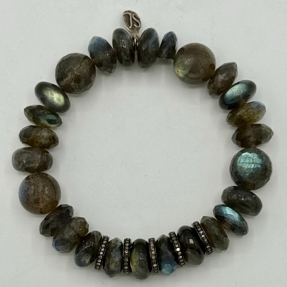 Sheryl Lowe 10mm Beaded Labradorite Bracelet with Diamond Rondelles w/ pouch